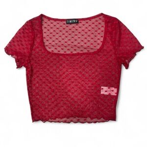 Red Heart Pattern Sheer Mesh Crop Top